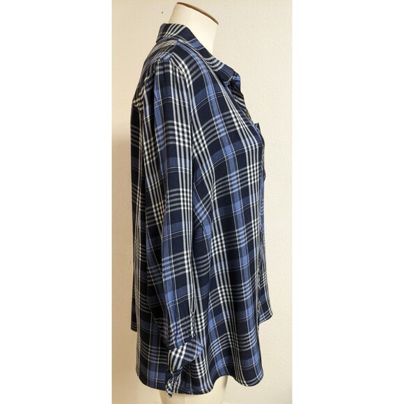 Women's J.JILL Denim Blue/White Plaid 3/4 Sleeve Viscose/Rayon Button-Up Shirt L - Picture 10 of 13